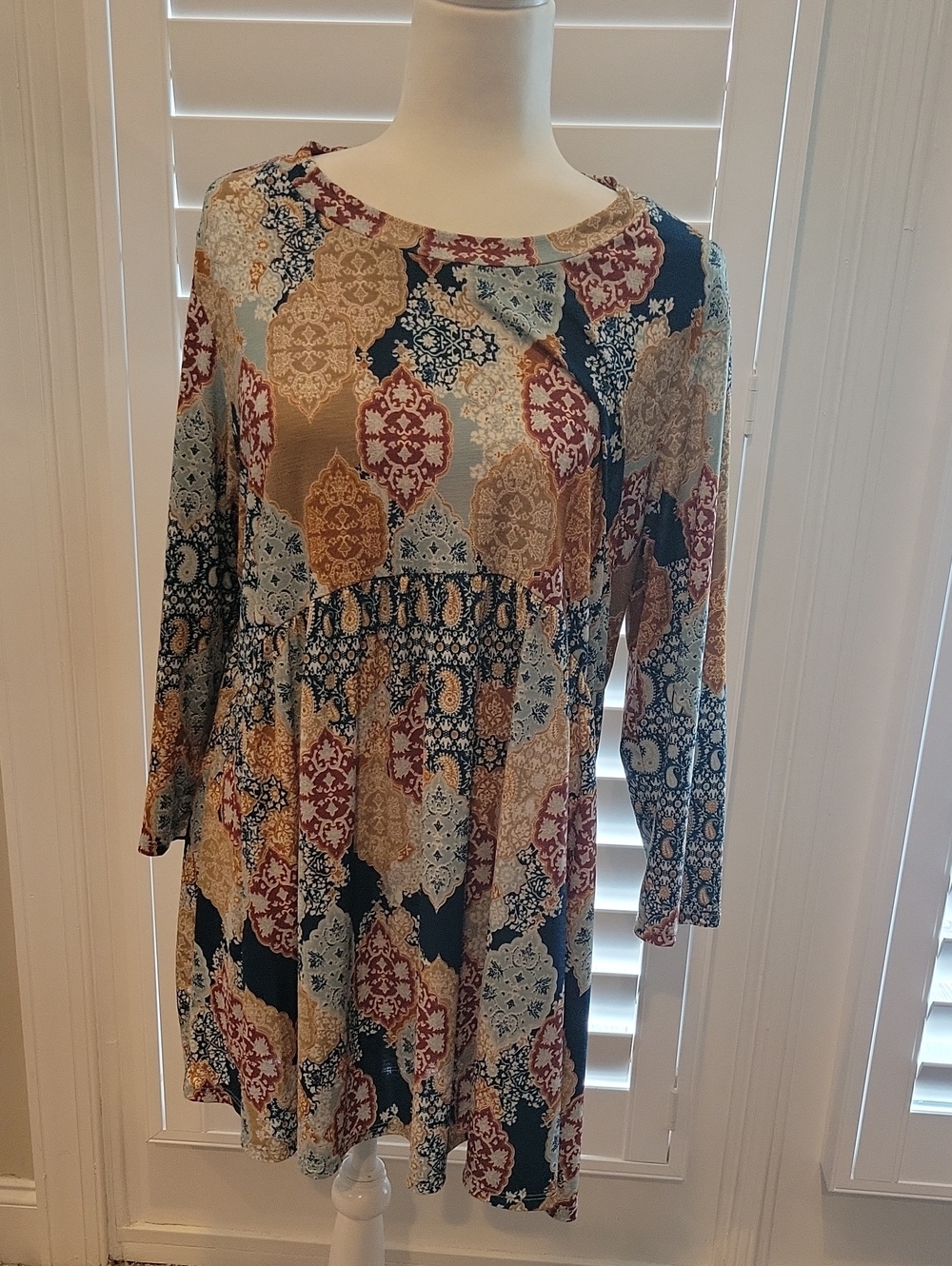 Long-Sleeve Printed Babydoll Dress Or Tunic in Navy & Burgundy